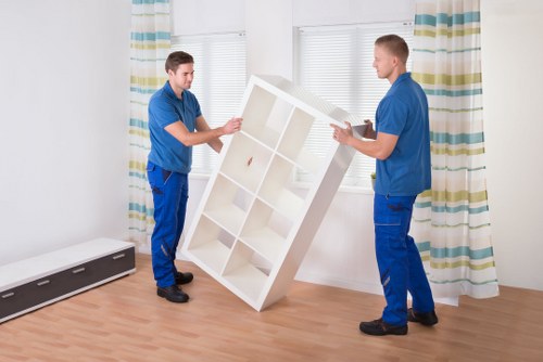 Removal team carrying boxes through a Bermondsey apartment building